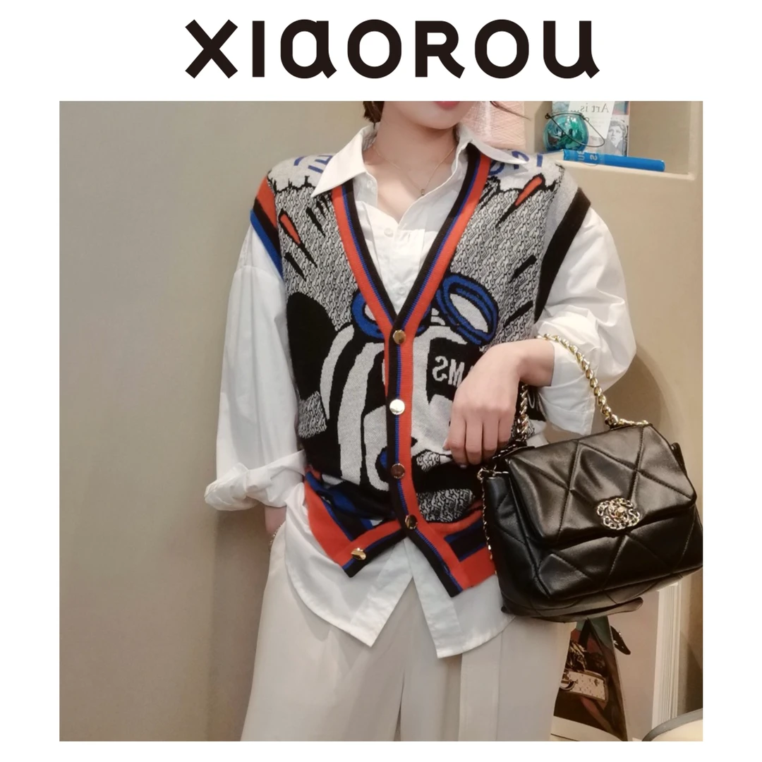 XIAOROU/小柔小柔秋冬新款V领精纺卡通提花马甲100羊绒HWZ1321