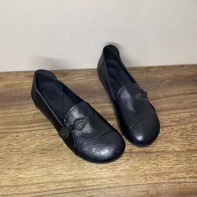 头层牛皮国风复古小单鞋舒适透气百搭软底妈妈鞋