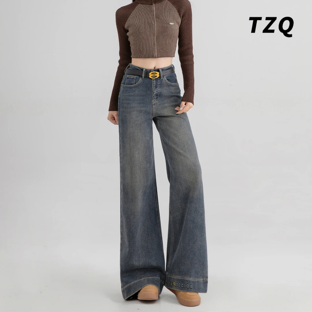 复古阔腿牛仔裤女秋冬2024新款高腰垂感宽松直筒拖地裤TZQ111040