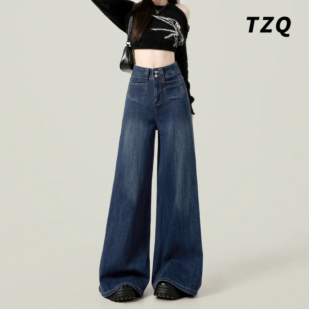 设计感宽松阔腿牛仔裤女2024早秋新款小个子高腰休闲裤子TZQ82552