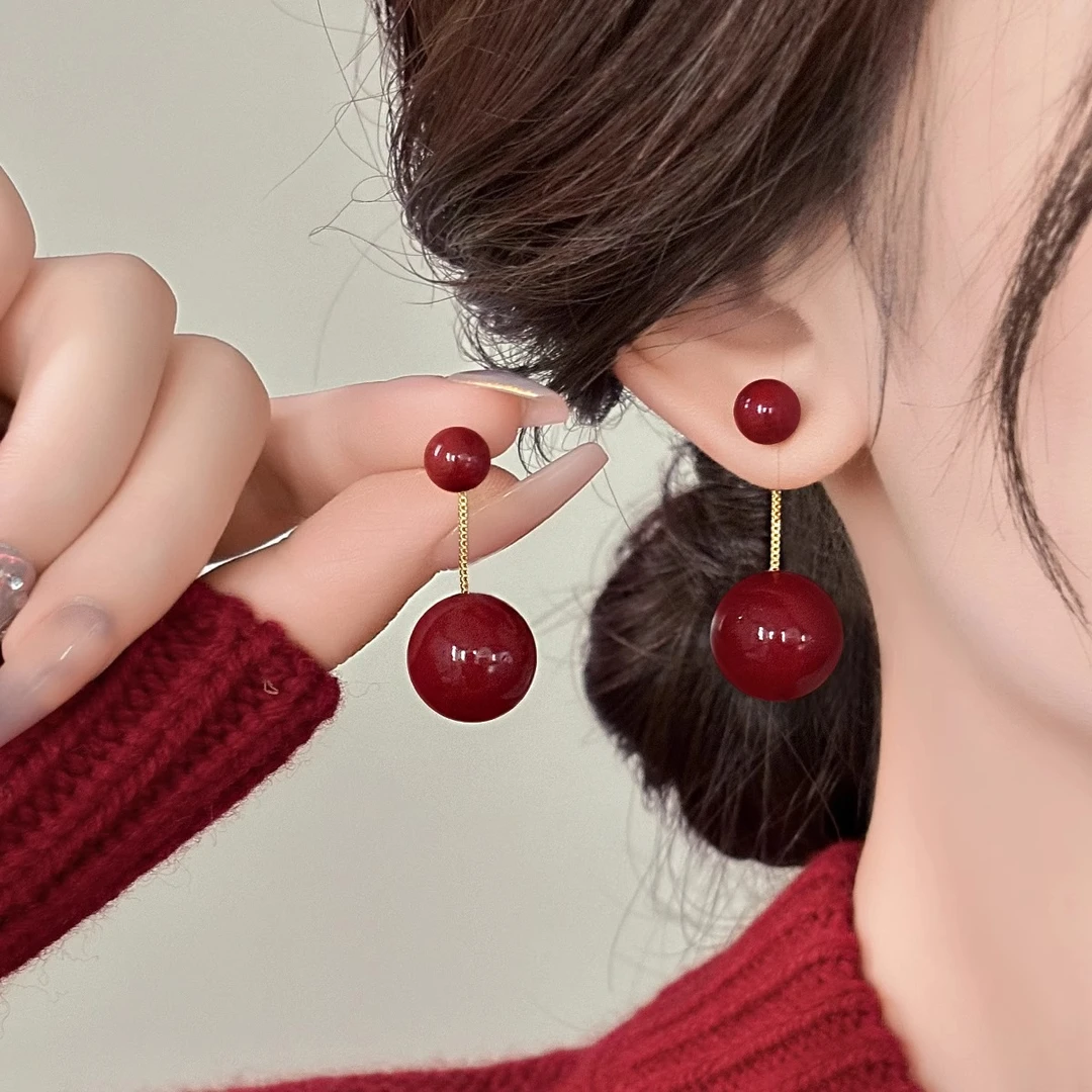 铜合金耳饰 复古红色珠珠流苏耳环女秋冬新款高级感925银耳钉耳饰
