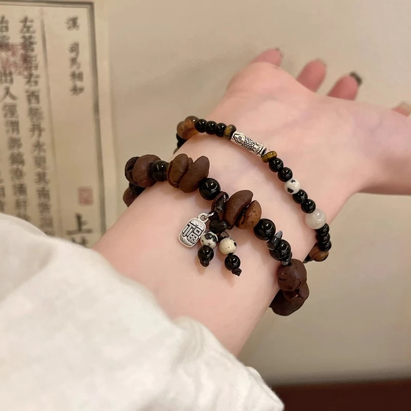 铜合金手链 新中式咖啡豆虎眼石串珠手链女小众手串叠戴情侣手饰