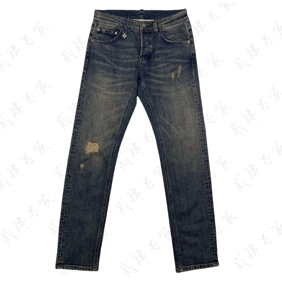 501纽扣经典男士高端牛仔裤怀旧蓝修身不紧绷时尚百搭设计师轻奢