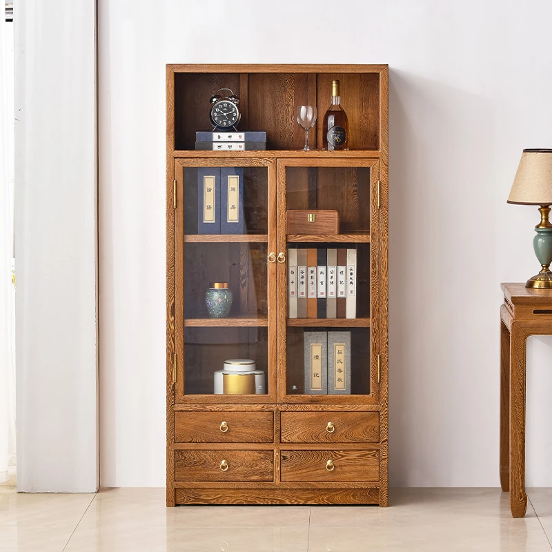 鸡翅木书柜全实木新中式带玻璃门柜子红木中式落地书橱家用储物柜
