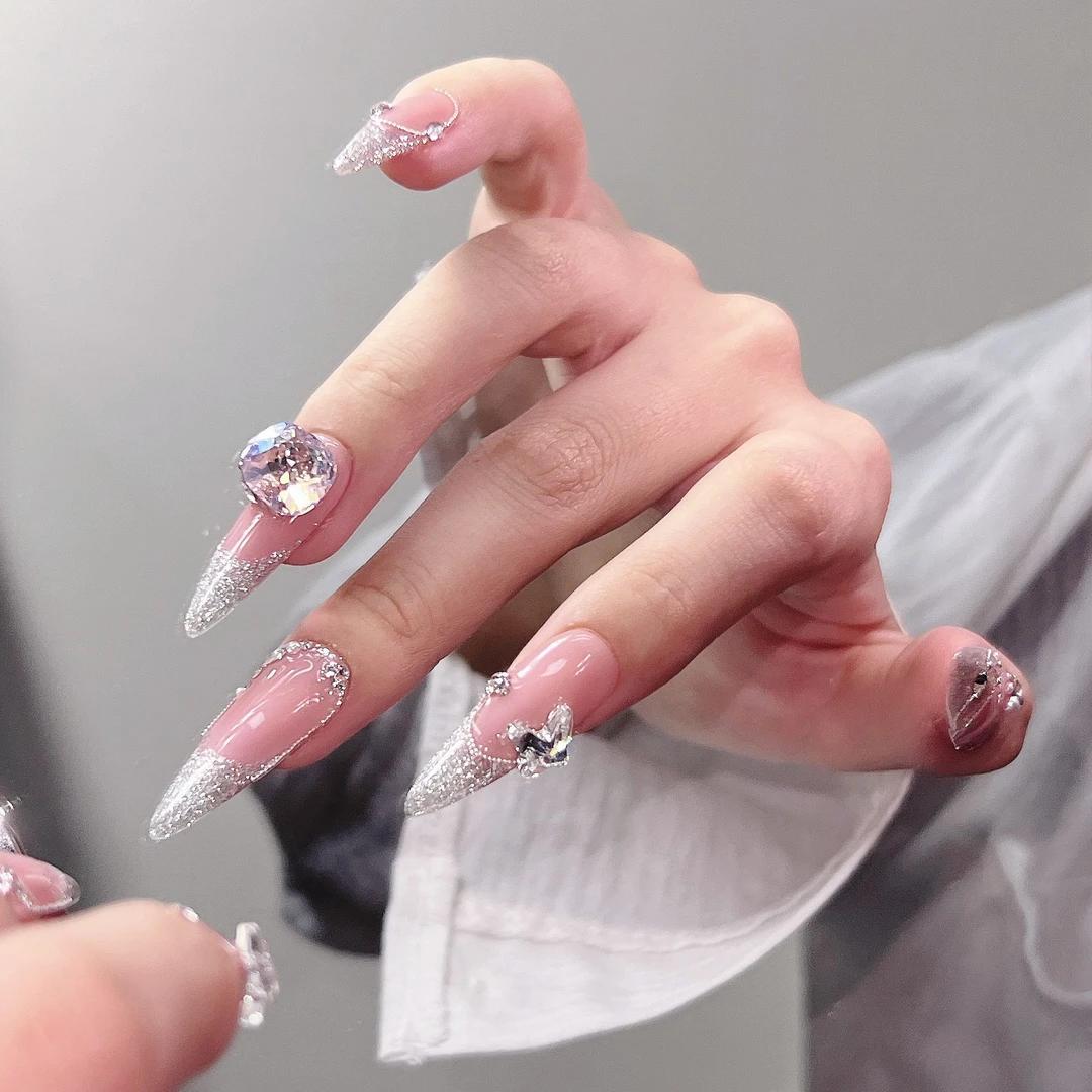 【玫莓碎冰】进口施华洛全华穿戴甲蔷薇粉月光肥方手工穿戴甲