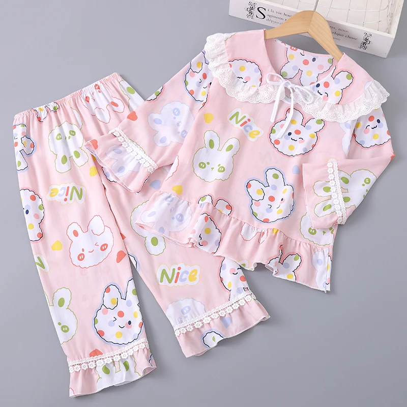 夏季女孩长袖蕾丝女童棉绸睡衣儿童薄款夏天绵绸儿童棉绸睡衣