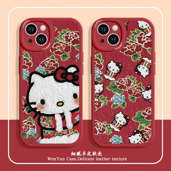 适用苹果15华为mate60小米14/oppo/vivo土味花布凯蒂猫搞怪手机壳