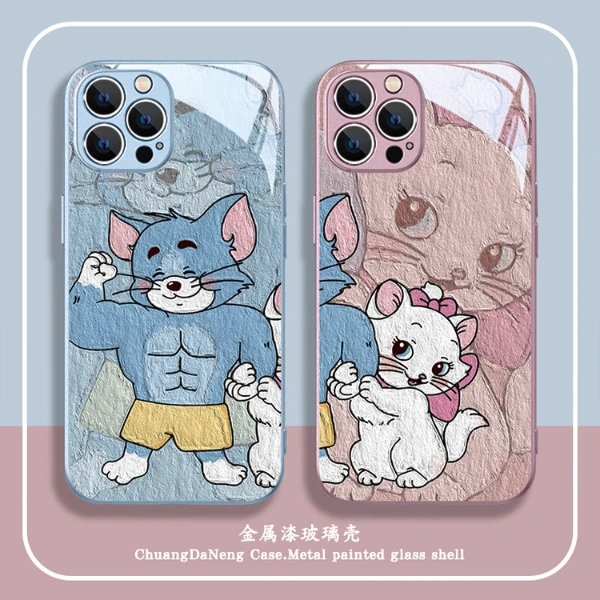 适用苹果15/华为mate60/小米/oppo/vivo肌肉汤姆玛丽猫情侣手机壳