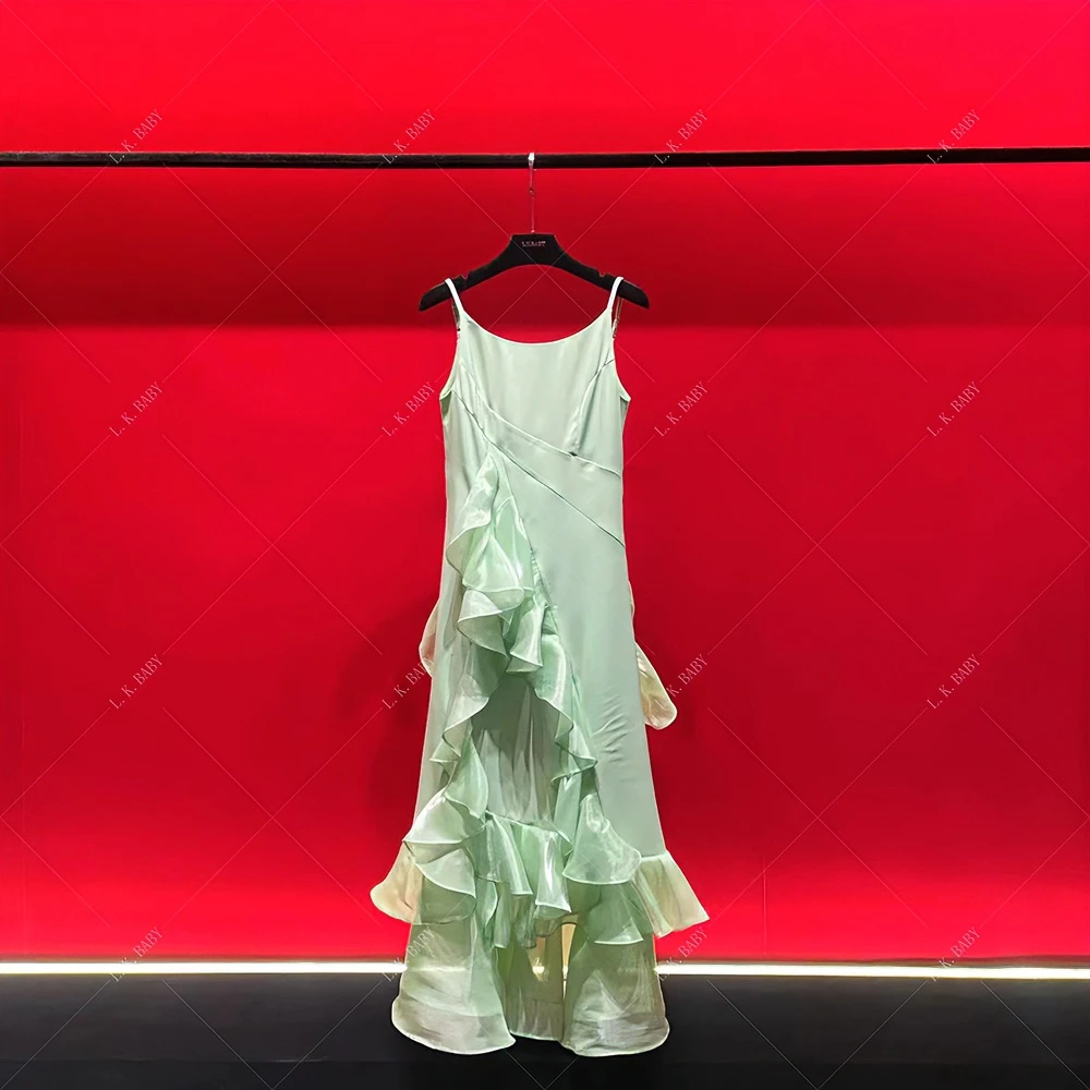 【L.K.BABY】绿野倾心 法式不规则流苏荷叶边吊带连衣裙气质修身