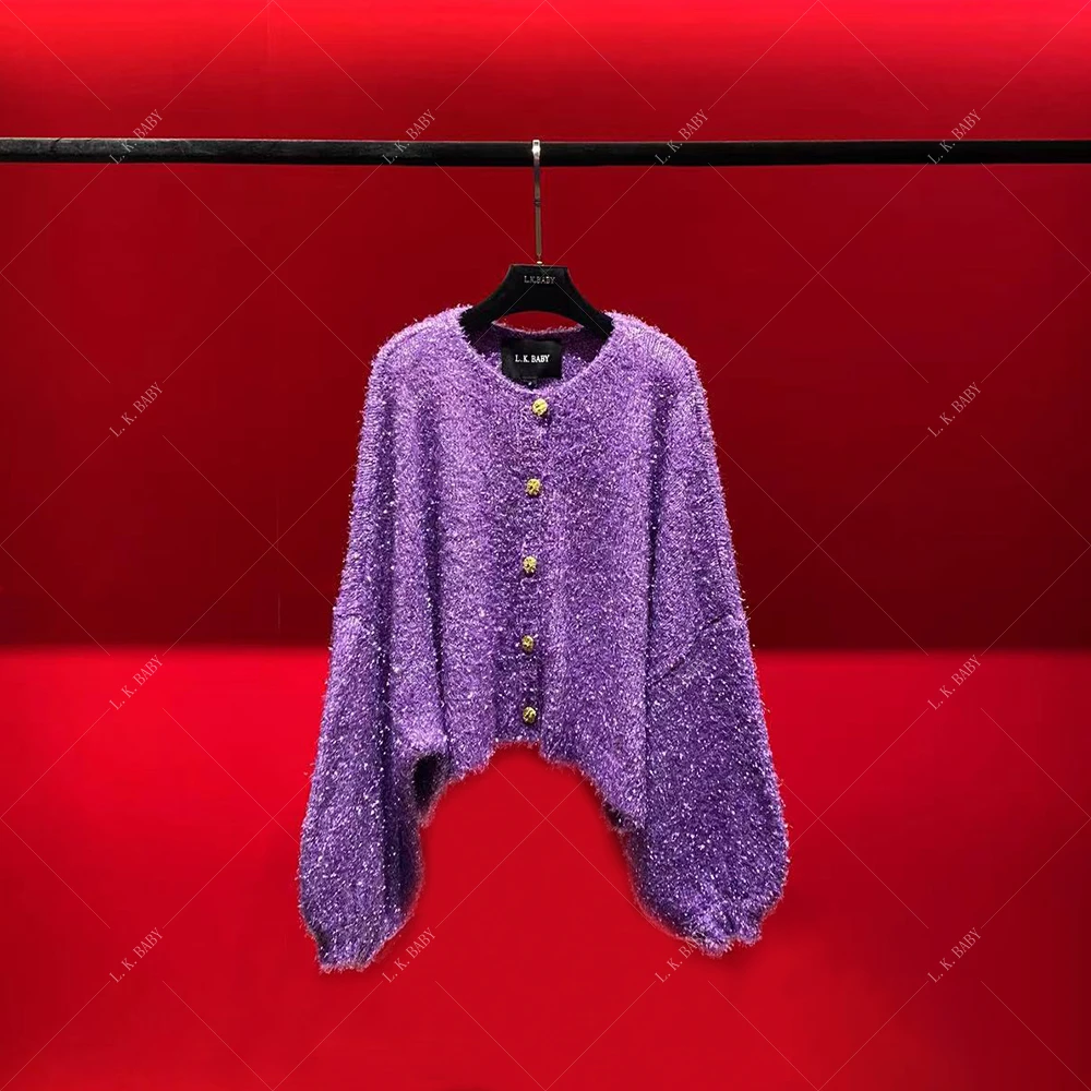 【L.K.BABY】梦幻丁香 fashion气质亮丝编织轻奢毛衣外套紫色金丝