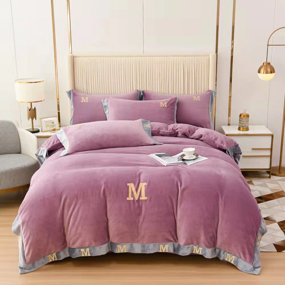 孤品四件套绒被轻奢纯色绣花加厚双面绒