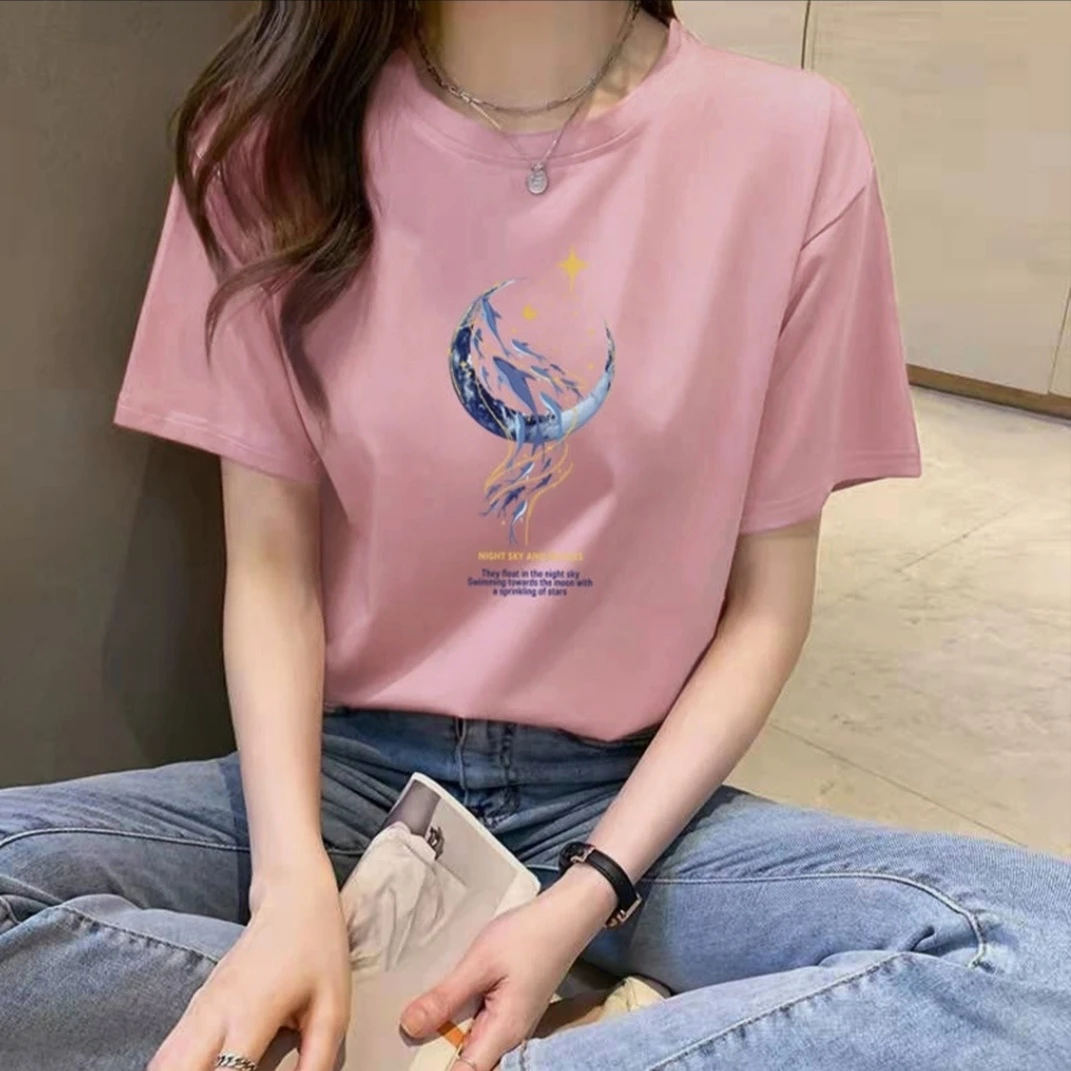 夏季女式休闲纯棉印花圆领T恤(星空海豚)图案短袖