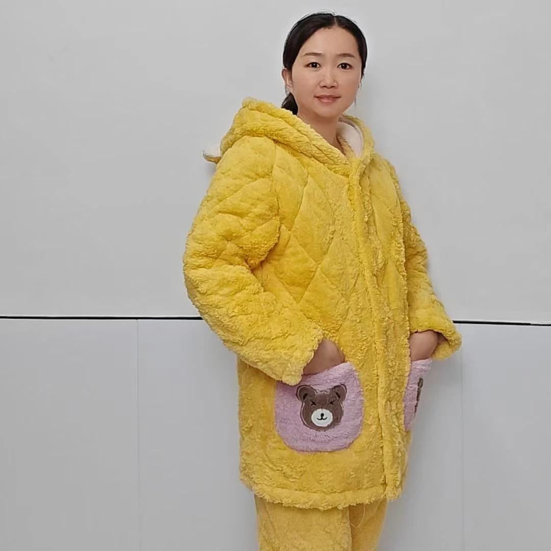 冬季三层外穿夹棉加厚女睡衣珊瑚绒甜美家居服套装毛绒家居服