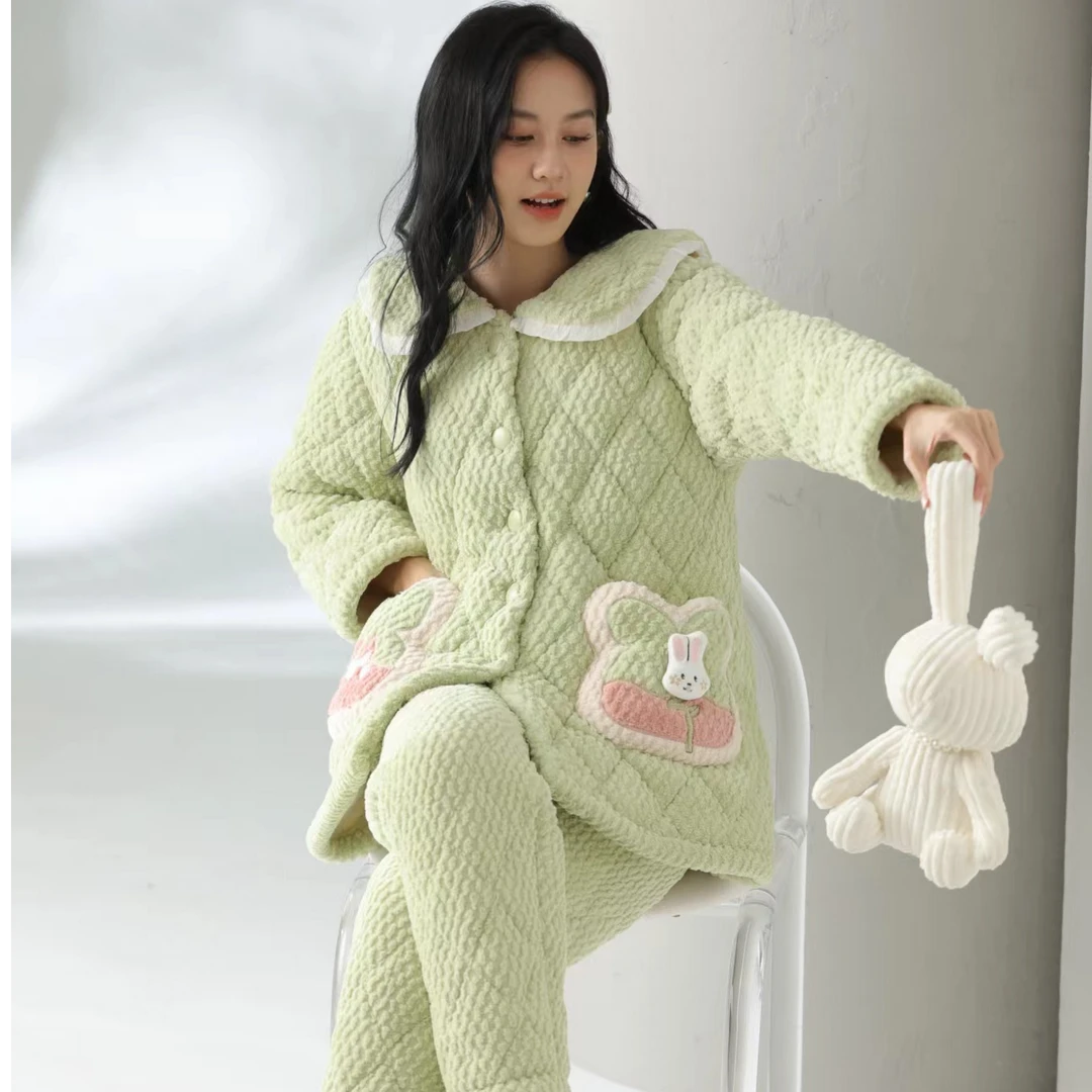 5001冬季三层夹棉加厚翻领小兔口袋加绒甜美保暖可外穿睡衣家居服