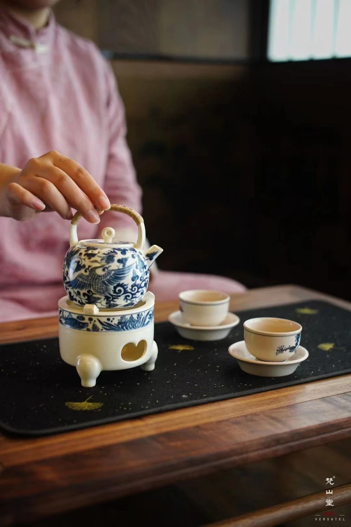 梵山堂青花鱼藻纹三足酒精炉 煮茶炉景德镇手绘小茶炉