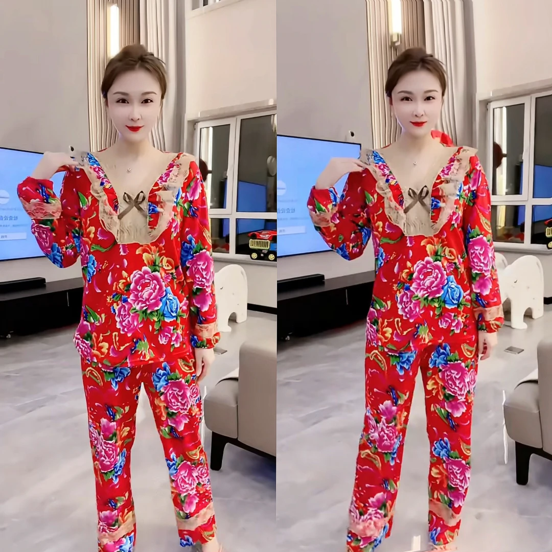 女士网红新款东北大花蕾丝弹力套装网红v领大码本命年秋冬新年喜