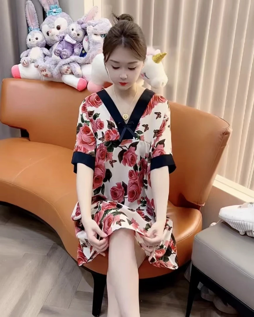 2024新款睡裙大码显瘦气质洋气女士宽松加大舒适家居服外穿v领