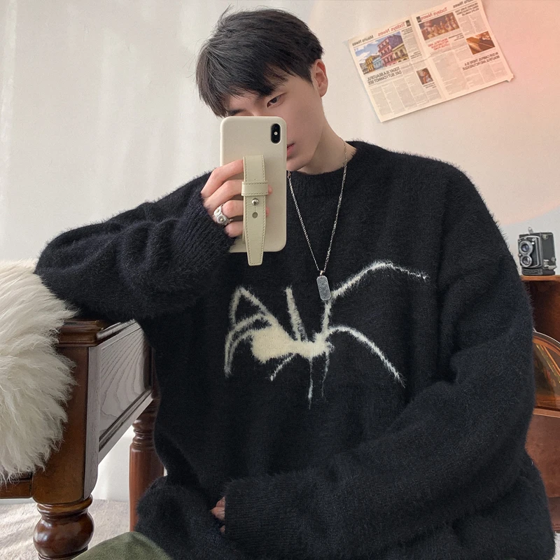 佐而不染美式街头蜘蛛圆领套头毛衣男女秋冬高街ins情侣针织上衣