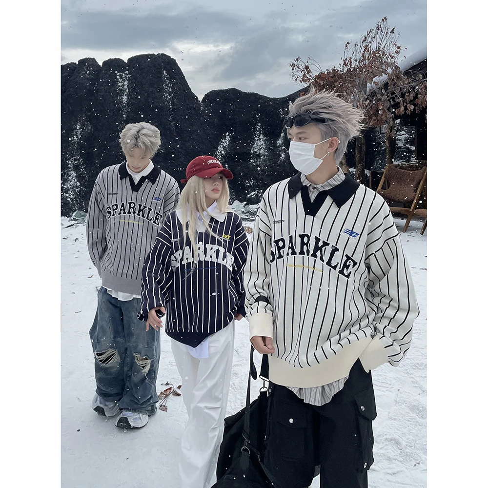 2025秋季美式小众字母学院风撞色polo领毛衣男女生宽松情侣针织衫