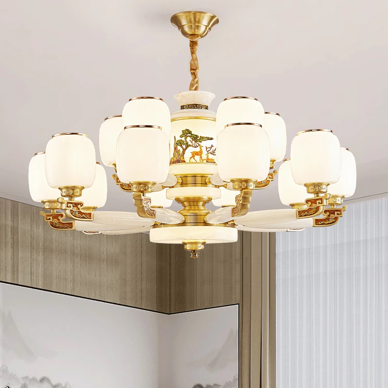 【一路荣华】全铜玉石新中式家用客厅吊灯餐厅灯别墅大气复式楼灯具