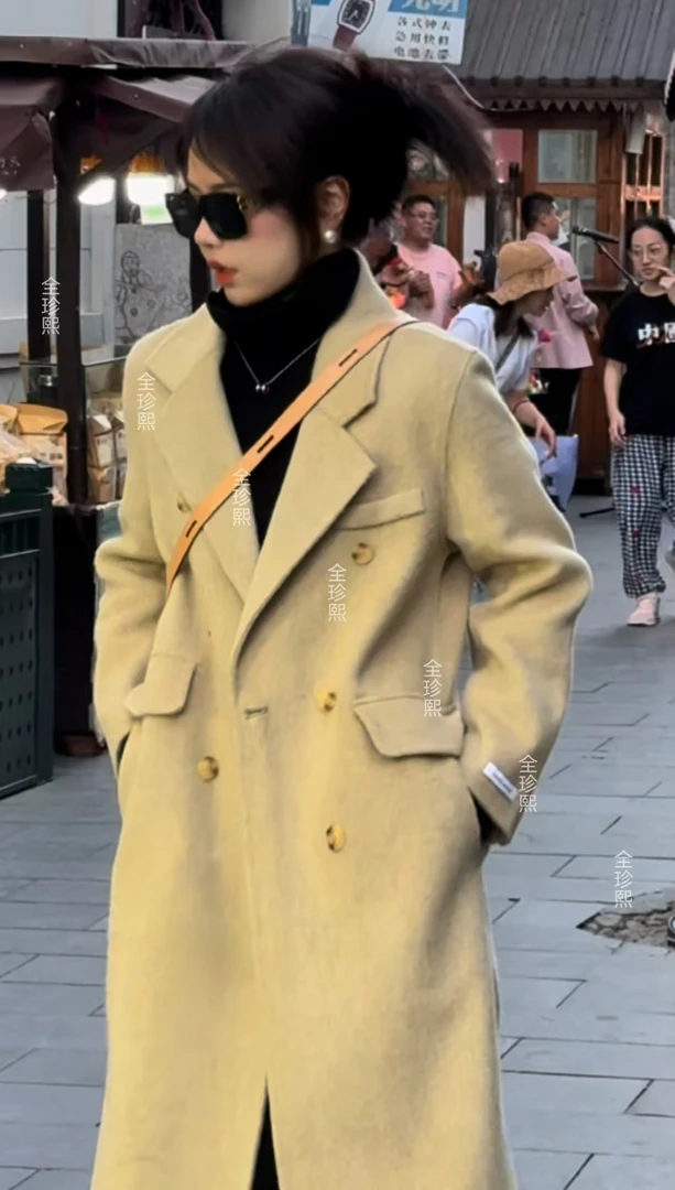 时尚秋冬新款长款双面羊毛大衣女款气质西装领经典版冬季毛呢外套