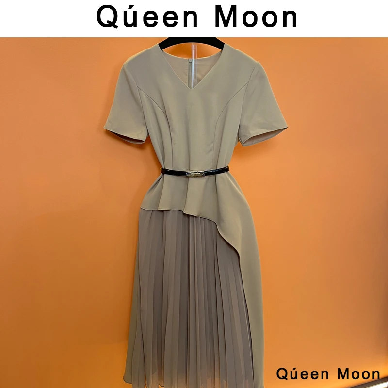 编码98【QúeenMoon】经典轻奢百搭压皱连衣裙拼接长裙女 (定制女装)