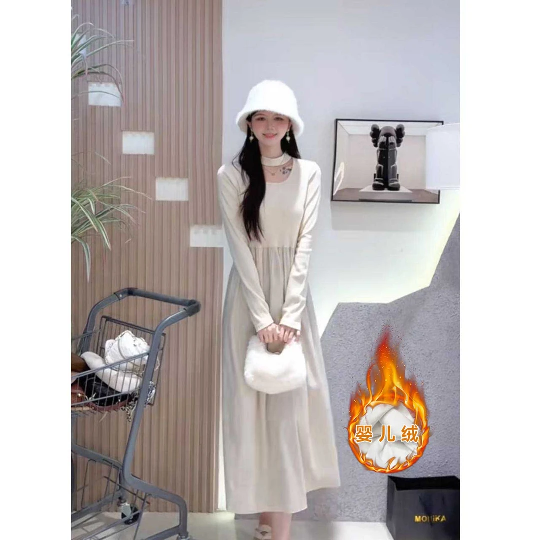 【梦琳】秋冬纯色针织挂脖打底拼接丝绒连衣裙气质中长裙3831#0.1