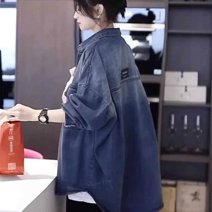 中长款牛仔衬衫女春秋冬新款韩版宽松百搭上衣加绒慵懒风衬衣外套