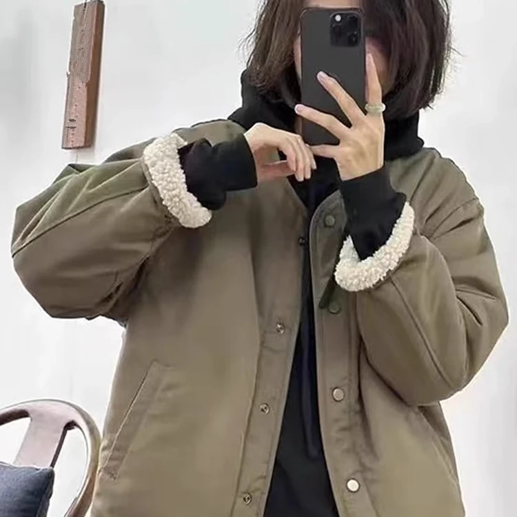 休闲加绒棉服外套女2024冬季新款羊羔毛绒加厚棒球服宽松洋气上衣