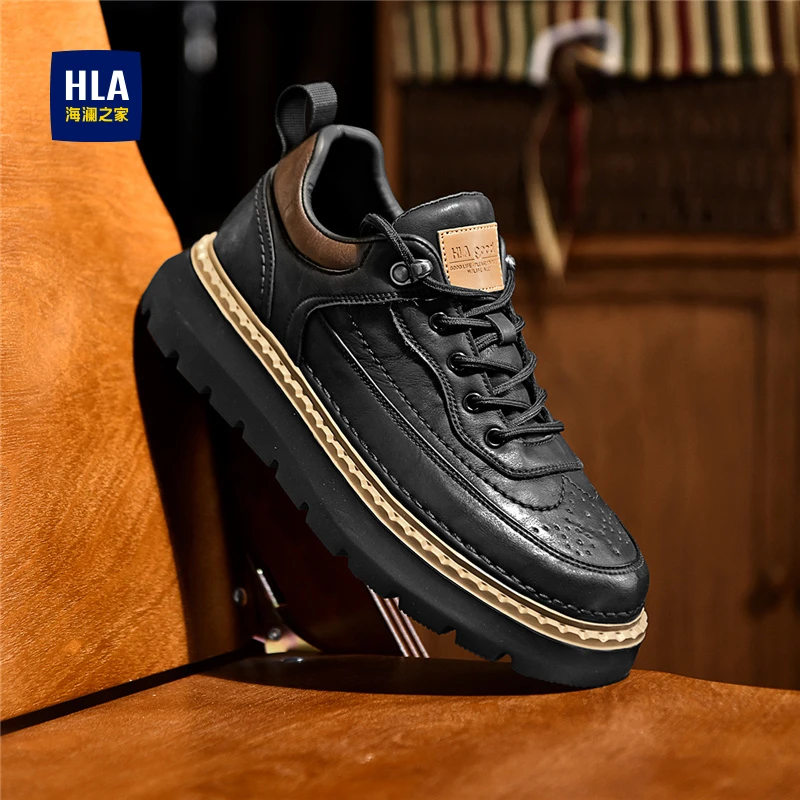 HLA/海澜之家男鞋2025新款男士潮流布洛克工装鞋百搭厚底休闲皮鞋