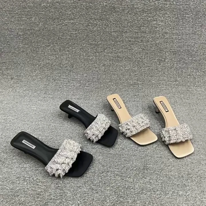 欧洲站女鞋2025夏季新款欧货真皮水钻细跟外穿拖鞋女高跟鞋凉鞋潮