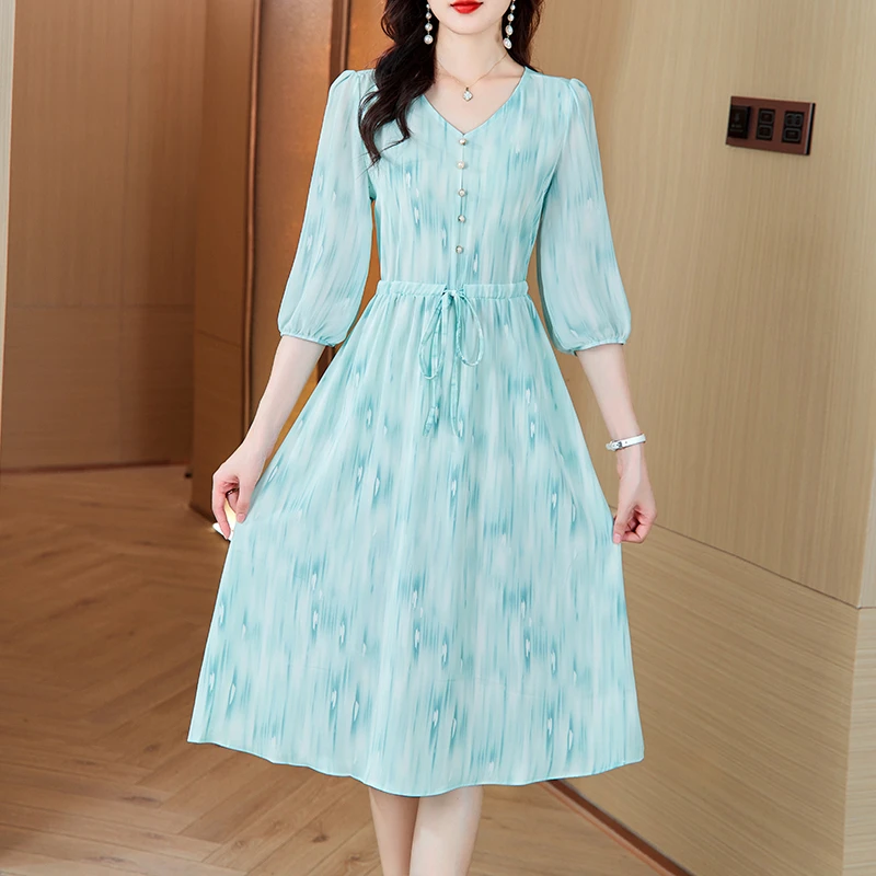 2025新款连衣裙女气质显瘦中长款时尚收腰碎花裙子J2497