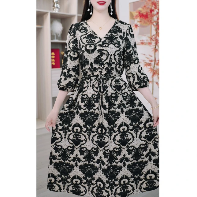 2025新款连衣裙女气质显瘦中长款时尚收腰碎花裙子J2522