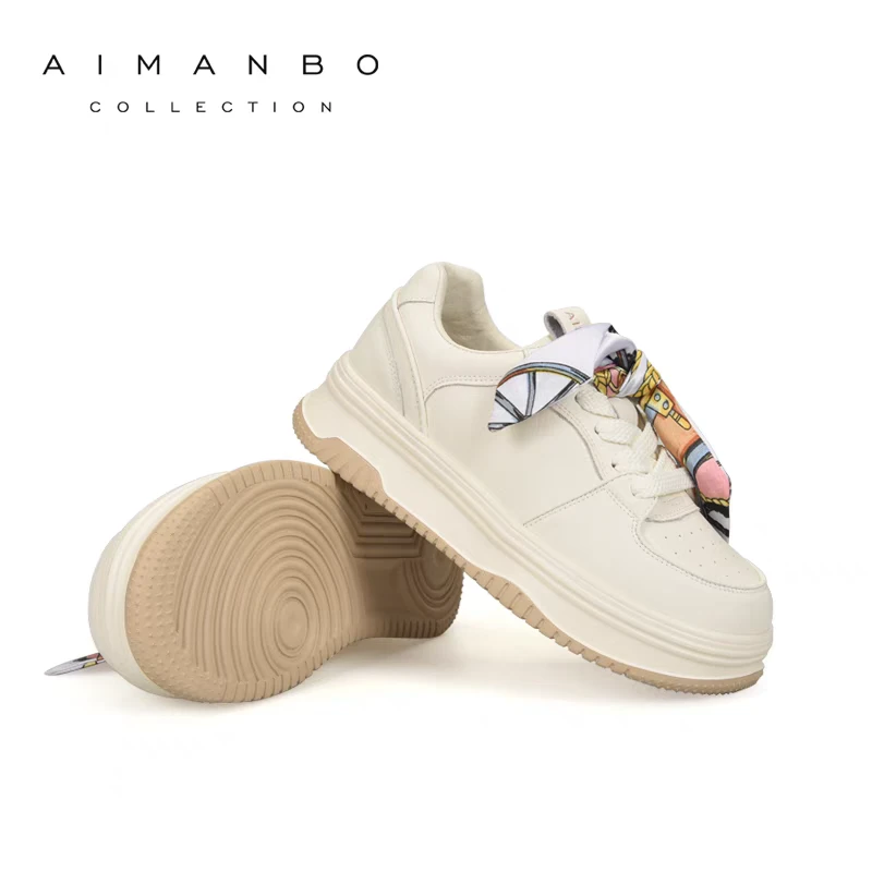 漫步佳人单鞋2024冬季新款百搭厚底松糕丝巾绑带休闲时尚小白鞋女