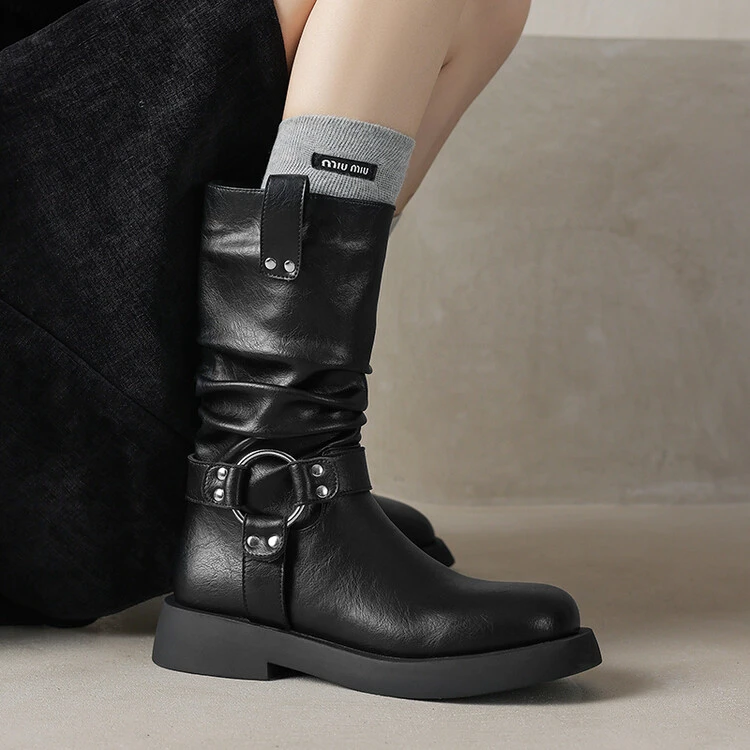 【牛皮】跟高3.5cm马丁靴真皮棕色帅气个性复古秋冬长筒靴高筒靴