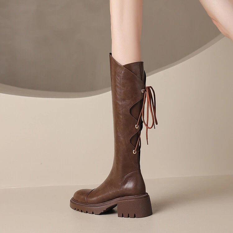 【牛皮】跟高5cm秋冬通勤款厚底高筒靴百搭粗跟系带高筒靴时尚百搭