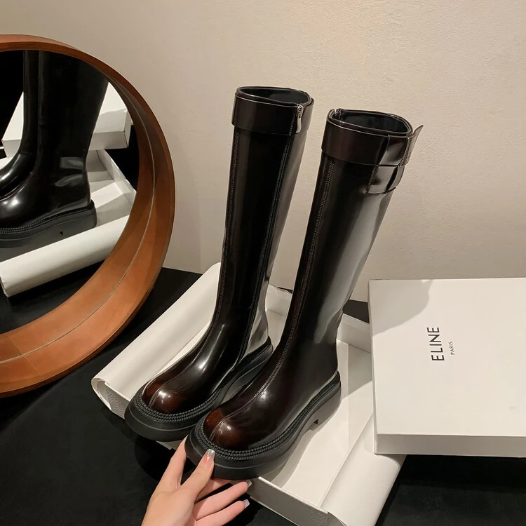 【牛皮】跟高4.5cm小设计感厚底高筒长靴~时尚百搭骑士秋冬长靴