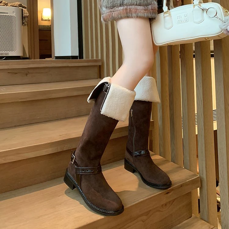 【绒面】跟高3.5cm时尚保暖长筒靴2024冬季新款两穿加厚绒西部靴