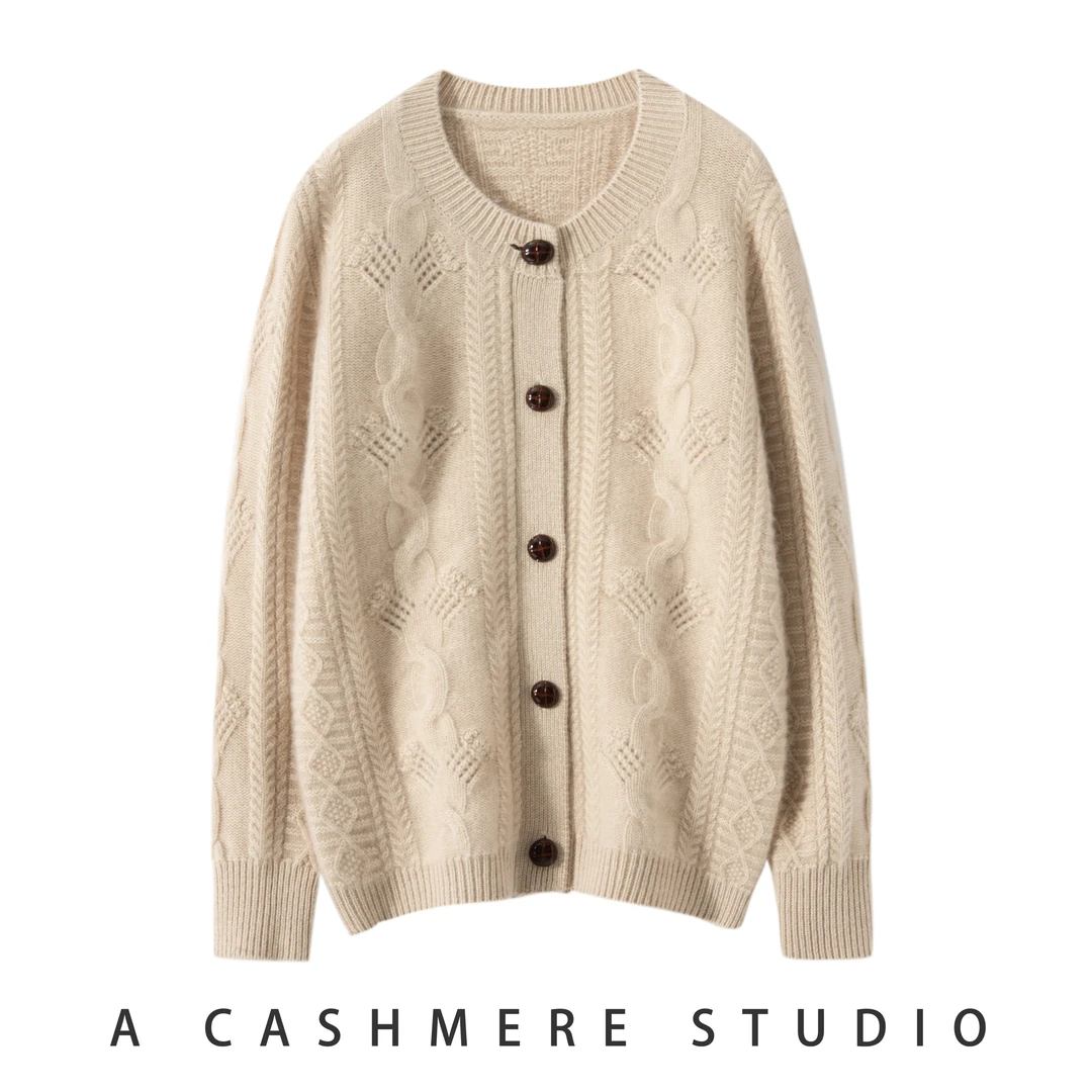 重工绞绞花 宽松 三股加厚  460克  加密加厚开衫外套纯羊毛衫