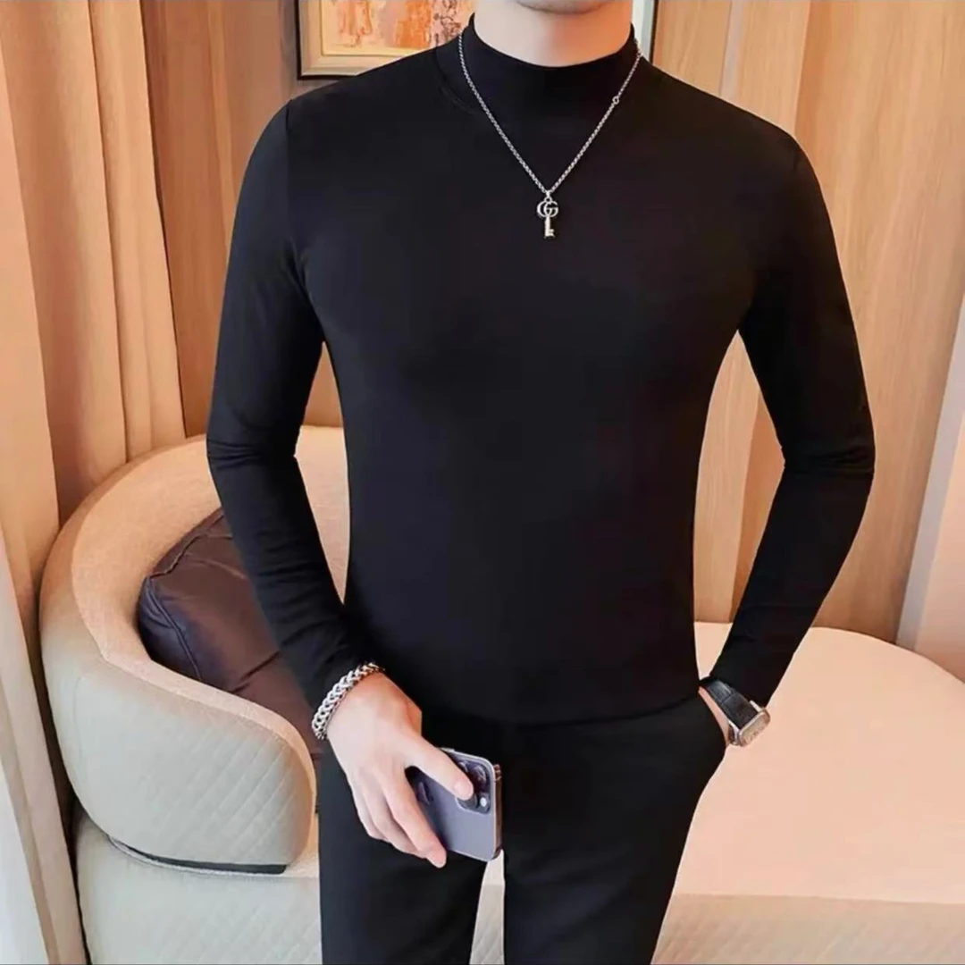 A男士纯色紧身打底衫半高领青年长袖T恤潮流修身中领抓绒百搭上衣