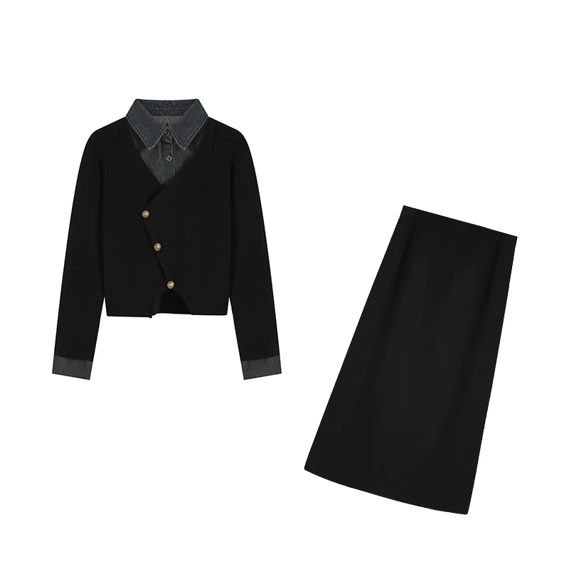 微胖妹妹秋季新款穿搭假两件针织上衣显瘦遮肉长半裙套装ZL38595