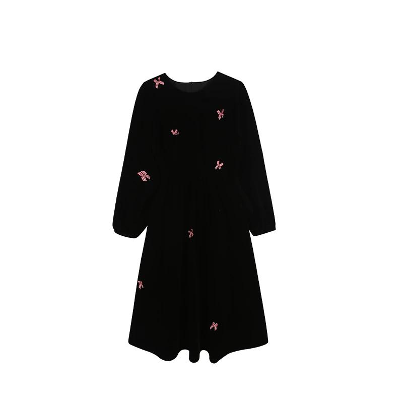 【在逃公主】减龄显瘦新款秋季蝴蝶结中长款丝绒裙连衣裙ZL100424