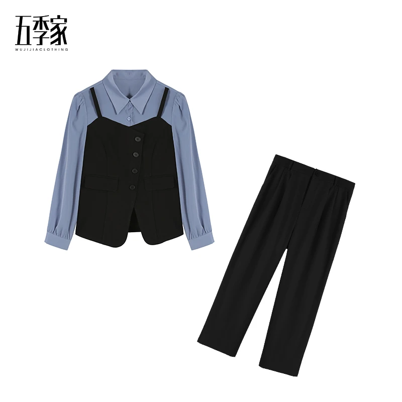 周周-黑拼蓝/咖拼杏上衣+黑色/咖色长裤两件套五季家ZL36984
