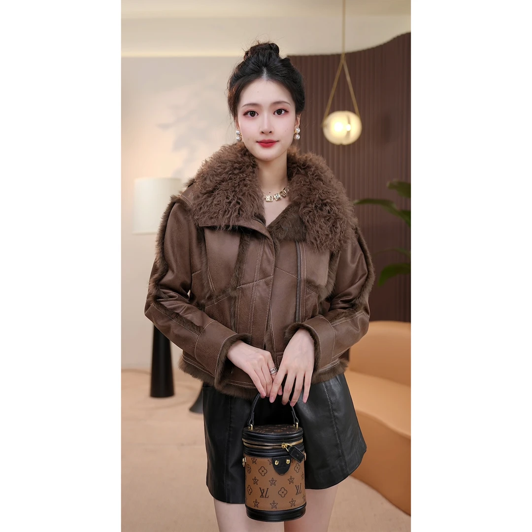 【茅茅专属】2169冬季新款轻奢羊毛领拼接兔皮毛一体皮草外套