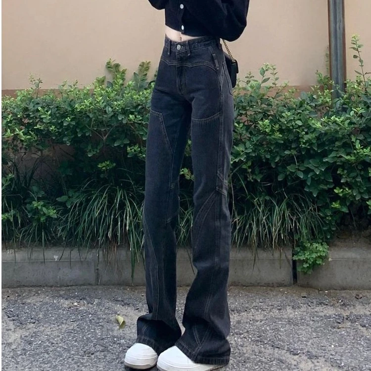 设计感低腰微喇叭牛仔裤女秋季新款宽松阔腿显瘦窄版直筒拖地裤子