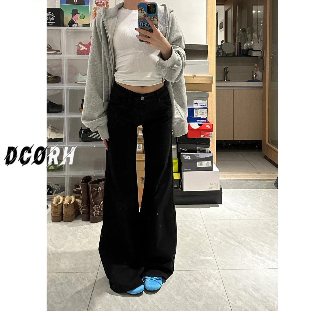 美式辣妹低腰牛仔裤女秋季新款黑色宽松阔腿显瘦微喇叭直筒长裤子