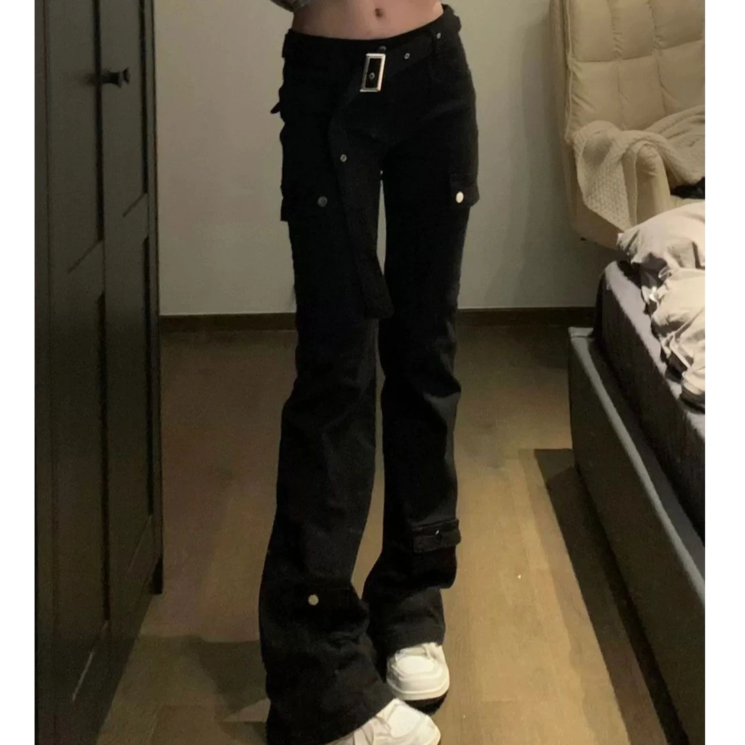 美式vibe高腰黑色微喇叭工装牛仔裤女秋季显瘦设计感小众裤子潮