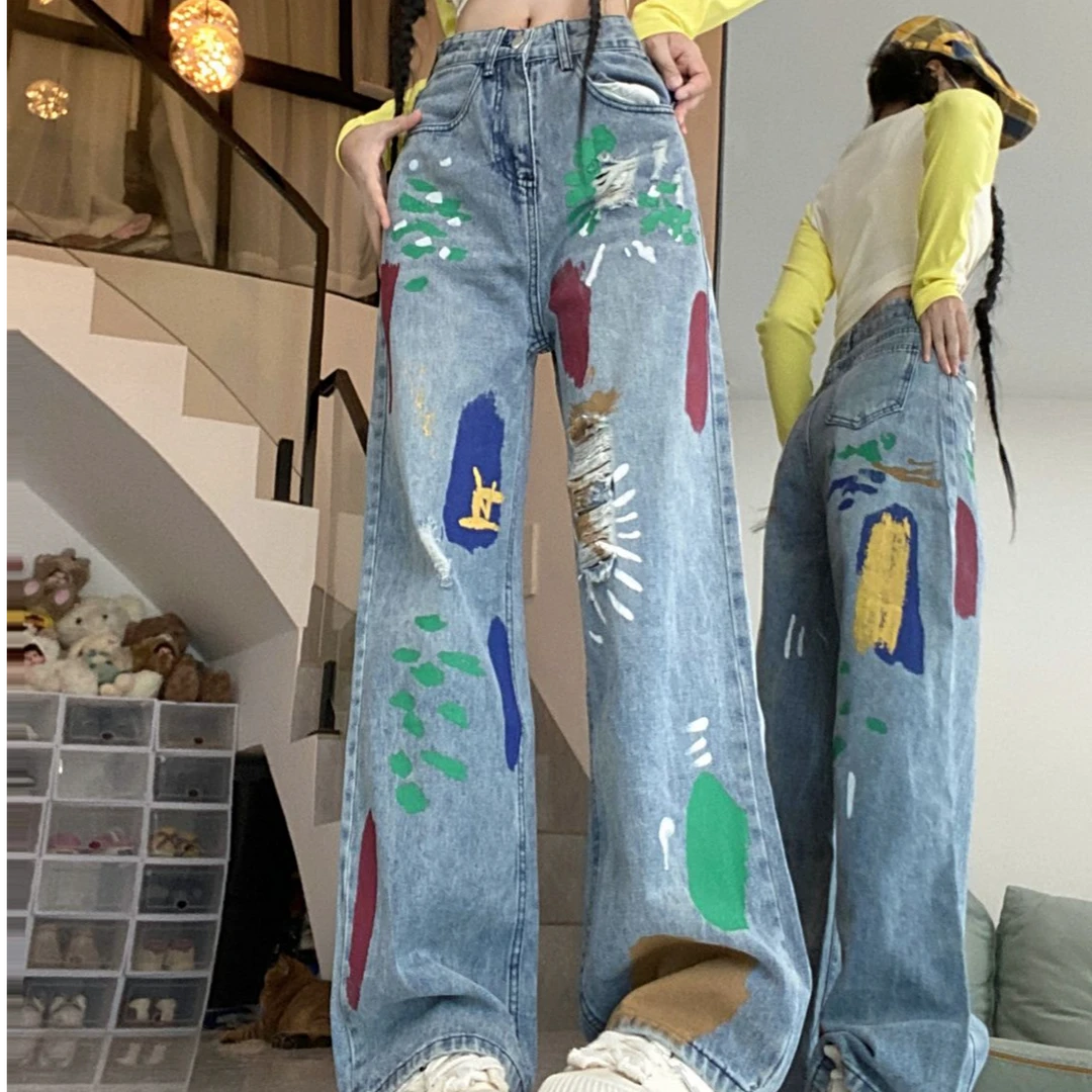 尤莱特美式vibe复古涂鸦牛仔裤女新款小众高腰宽松垂感显瘦直筒裤
