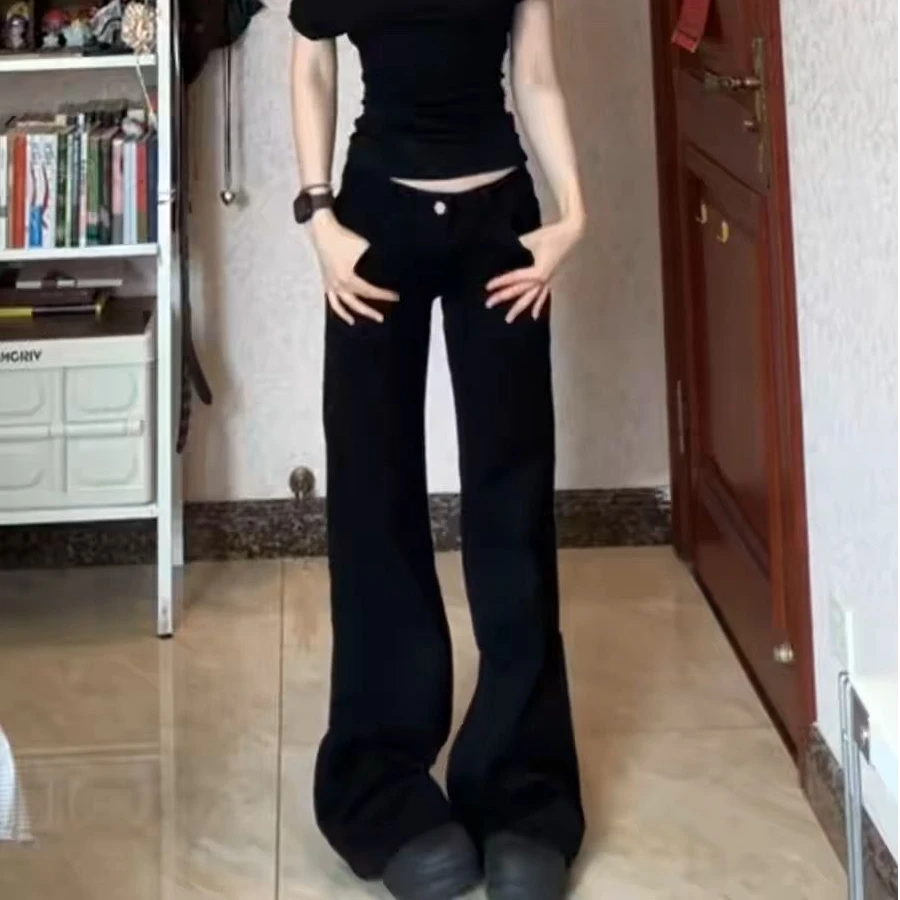 黑色小个子辣妹牛仔裤水洗低腰喇叭美式复古阔腿宽松显瘦垂感拖地