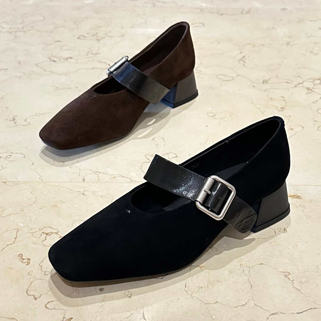 【映昔】24秋季新款牛皮拼羊皮方头平底平跟极简风一脚蹬真皮女单鞋